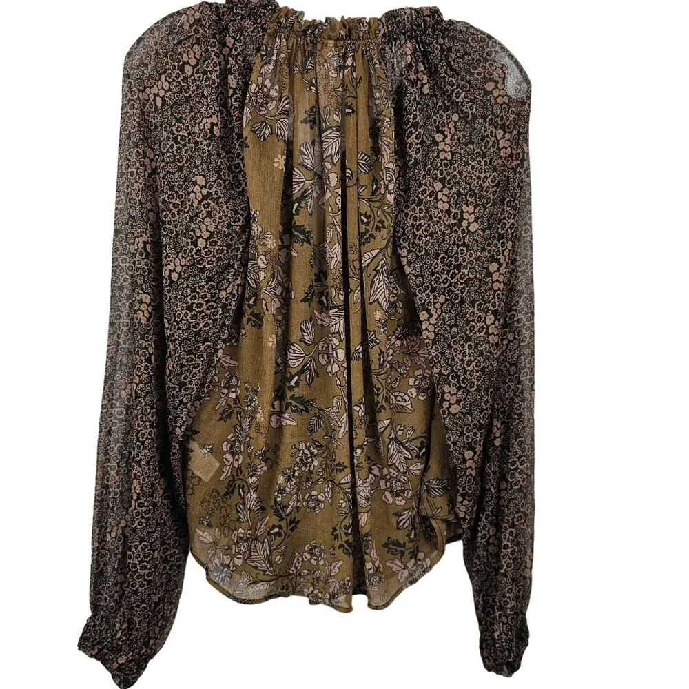 Free People‎ XS Brown Neutral Tone Floral Boho Prairie Cottage Fall Harvest Top